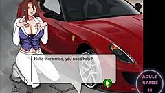 A character helps another on the road in this hentai game