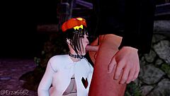 A small slut gives a deep blow job to a huge cock in a cartoon porn