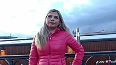 german scout talking to french curvy teen bella at street casting