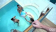 Unbelievable! Three Stunning Bombshells Share One Cock Poolside!
