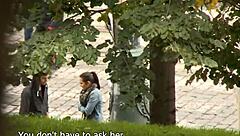 Public outdoor European brunette gets her throat fucked by a stranger