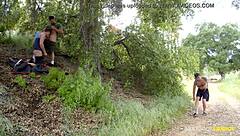 Donte thick joins two hunks in public park for bareback action