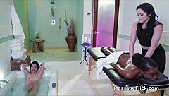 A teen massages pussy in interracial threesome at the spa.