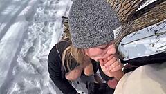 Babe with Big Natural Tits Blows in Snowy Park