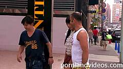 Little Japanese girl gets fucked by two hard cocks in threesome