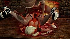 3D animated sex with the help of a beautiful woman in a red and black costume