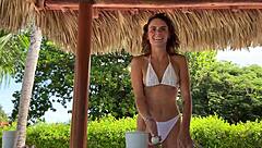 Cute beauty strips in beer pong game backstage