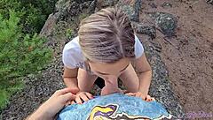 Instructor asks, 'Ready for cum extraction in the mountains?' while hiking with pretty petite girl.