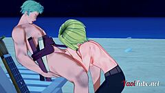 zoro and sanji share emotional beach intimacy with handjob and blowjob.
