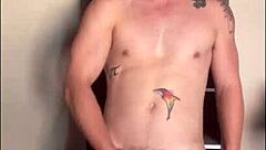 Twink jerks big cock in sunlight, contrasting innocence and lust.