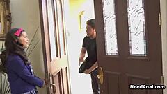 Pretty boy seduces uniformed nymphs and gives them anal pleasure