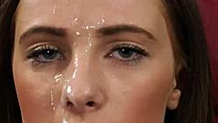frisky babe gets jizz load on her face gulping all the load