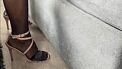 kenia teases in black stockings and red satin dress