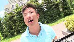 Blindfolded stud tricked by homosexual hunk into oral sex