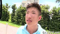 Blindfolded stud tricked by homosexual hunk into oral sex