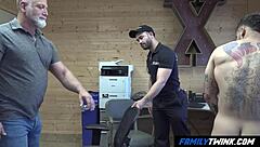 Gay office threesome: stepdad and cop discipline twink