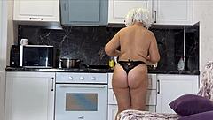 Stepmom in thong cooks dinner, stepson intensely fucks her ass in gratitude.