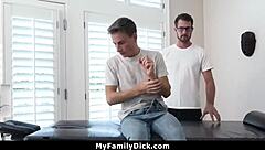 Muscular gay stepfather massages young straight stepson before bareback fucking in taboo daddy roleplay