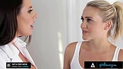 Dirty doctor's office action with big tits and pussy licking
