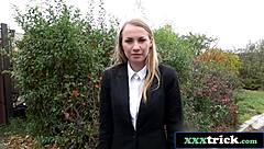 cute russian reporter interviewed in public with clothes on