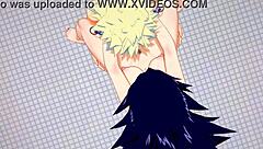 In My Hero Academia hentai, Bakugou Katsuki gives Namuri Kayama a handjob ending in cumshot on her face, then fucks her with creampie in sissy cosplay