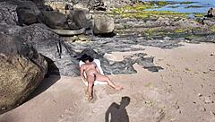 Whoa, stranger gropes MILF’s hairy pussy on beach