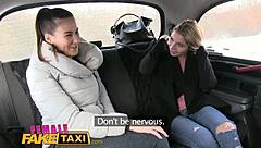 Female fake taxi skinny sexy czech lesbians with great tits have strap on fun in taxi.