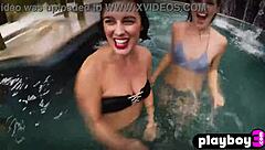 Big-boobed babes strip and undress in garage and outdoors