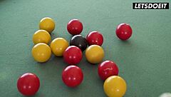 Steamy pool table action with shaved pussies and toys