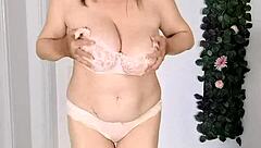 Stepmom seduce stepson by striptease do blowjob and get cumshot to huge boobs