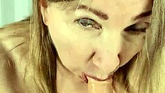 Stepmom seduce stepson by striptease do blowjob and get cumshot to huge boobs