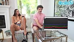 Busty Brunette Fails Lie Detector, Sucks Dick