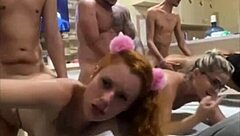 Three girls have sex with one man on the couch in a beautiful scene