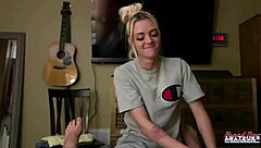 petite inked blonde rubs juicy titties and finger fucks twat