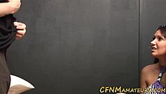 Classy Brunette Amateur in Heels Gives Handjob in CFNM