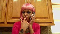 Pink haired tattooed MILF enjoys big black cock in various positions