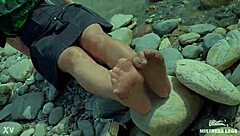 Goddess In Tan Nylons Shows Cute Nylon Soles And Toes On The Riverside