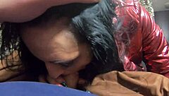 preview-the nympho wife plays with her camel-toe jumpsuit and put some cum on her shinny red down-jacket 230