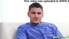 gorgeous blonde masseuse applies nuru gel and chats with client