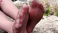 Goddess Teases You With Feet In Tan Pantyhose Amid Spring Forest Nature