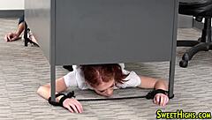 redheaded teen sucks and rides hard in uniform, getting a massive cumshot!