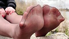 Goddess Teases You With Feet In Tan Pantyhose Amid Spring Forest Nature