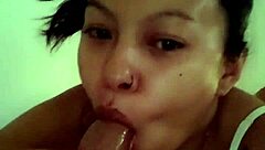 Horny latina milf gives blowjob and swallows cumshot at home 😏