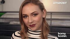 Natural tits blonde gets fucked on a hostel bed