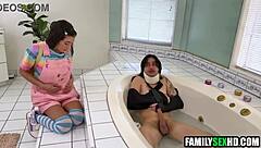 Stepsister tends to injured stepbrother and stepdad with intimate care in steamy 3some.