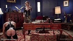 Busty femdom pegs her chastity slave with kinky toys