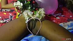 Skinny teen presents wet pussy as Christmas gift