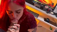 A beautiful Brazilian with red hair is a submissive and gives a deep blow job to make me cum