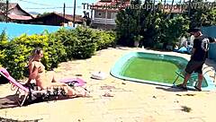 Brazilian milf waits for husband to leave, fucks pool cleaner outdoors in sheer