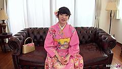 Petite Japanese teen shows off her small tits and pussy